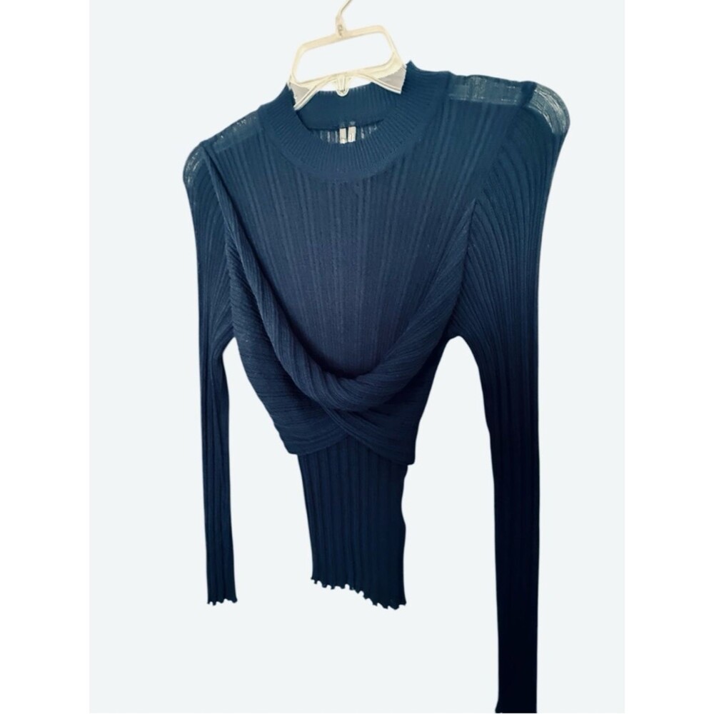 By Anthropologie Sheer Twist-Front Ribbed Sweater - Navy Blue